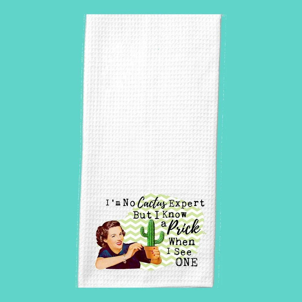 Funny Retro Waffle Weave Kitchen Towel I Know A Prick Cactus Humor White